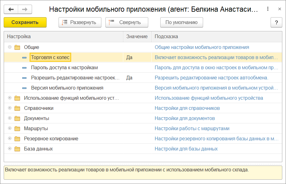 Внешний вид окна настроек мобильного приложения