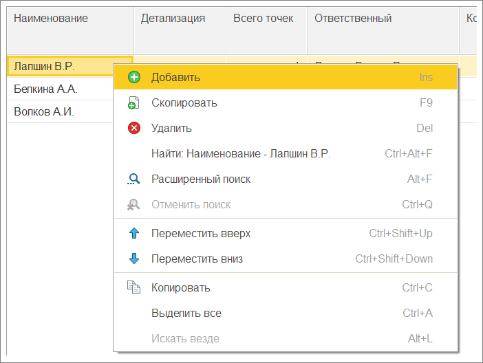 Контекстное меню элемента справочника