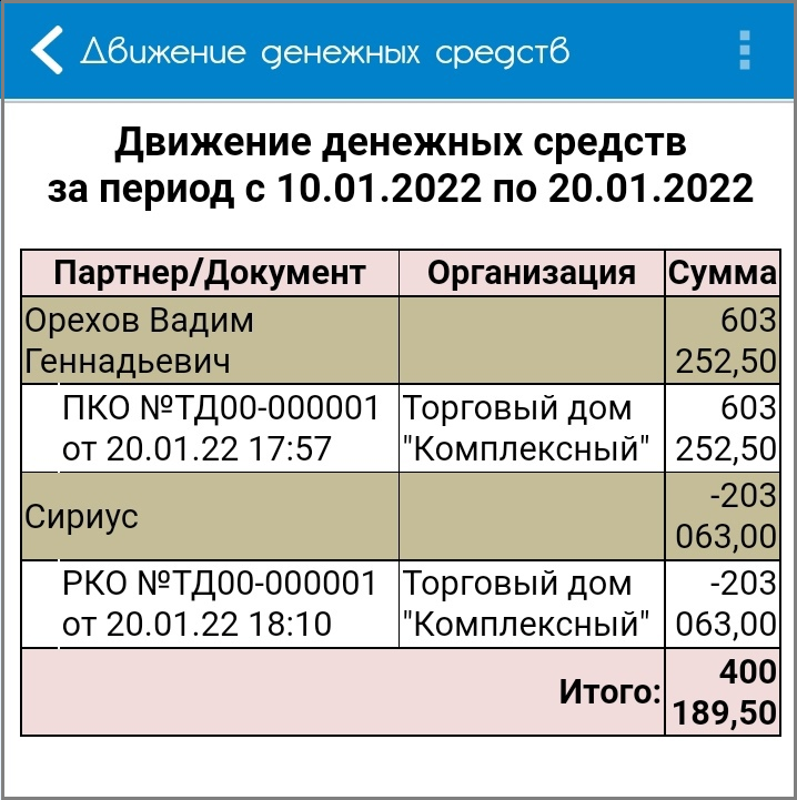 Форма с результатом отчета